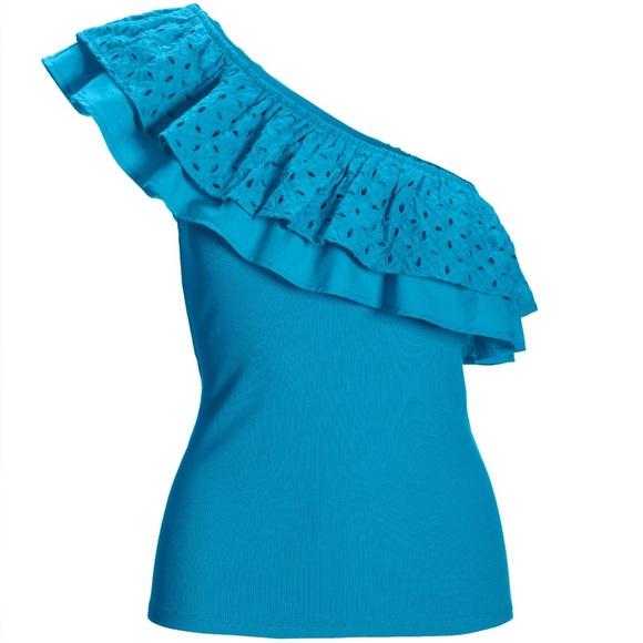 Boston Proper So Essential One Shoulder Eyelet Knit Top Blue - Picture 2 of 3